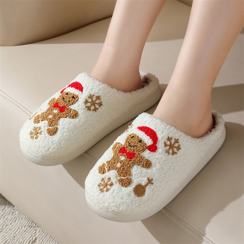 Indoor Christmas Gingerbread Fuzzy House Slippers For Women